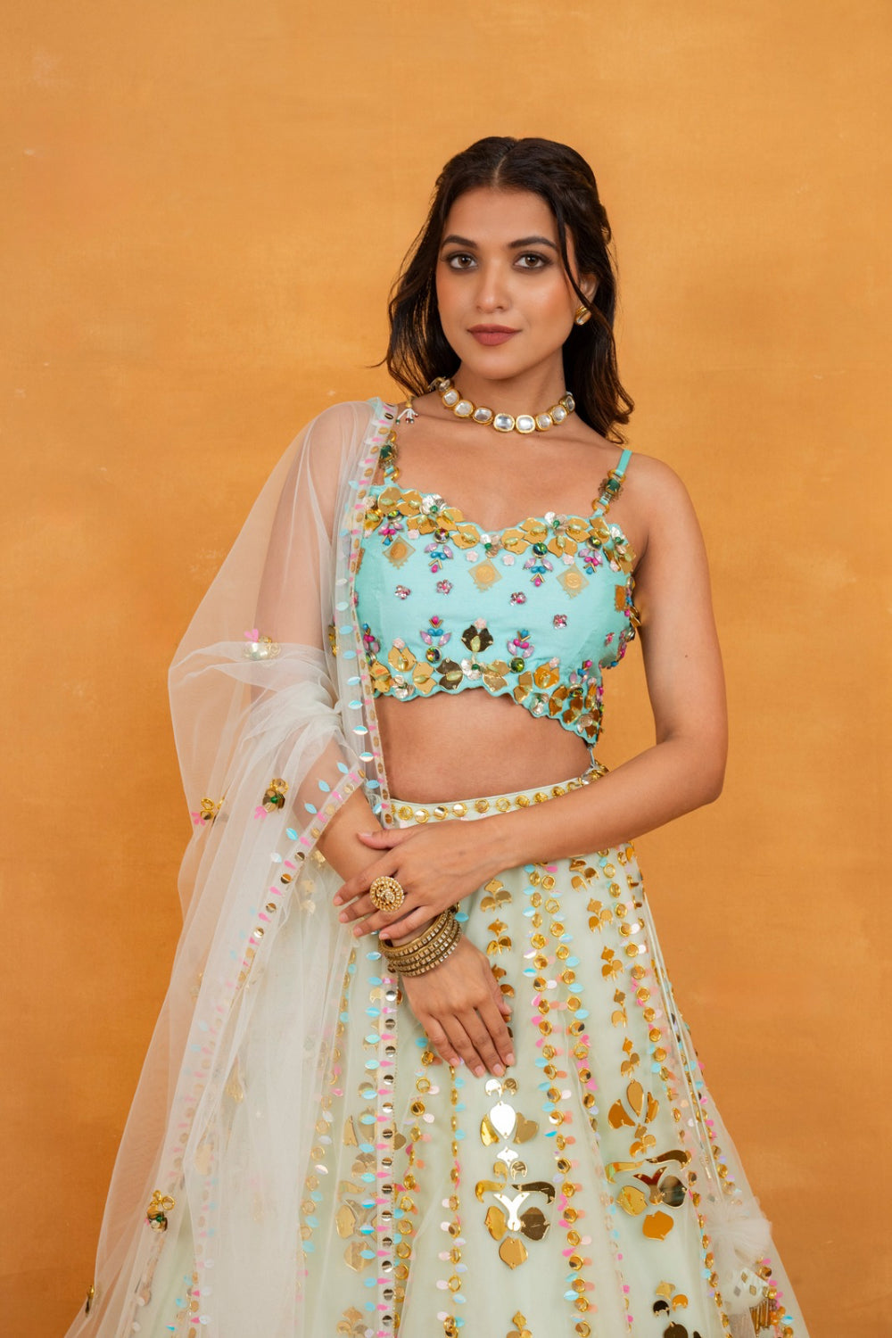 Blue & Off-White net lehenga choli with acrylic work