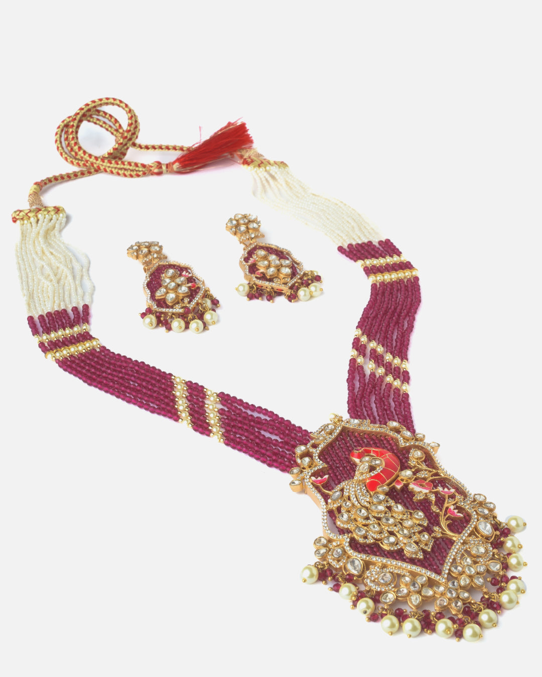 Moissanite Polki Ruby Peacock Beaded Statement Necklace Set