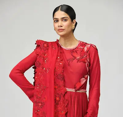 Red Opara Silk Anarkali Set with 3D Leaf Embroidery
