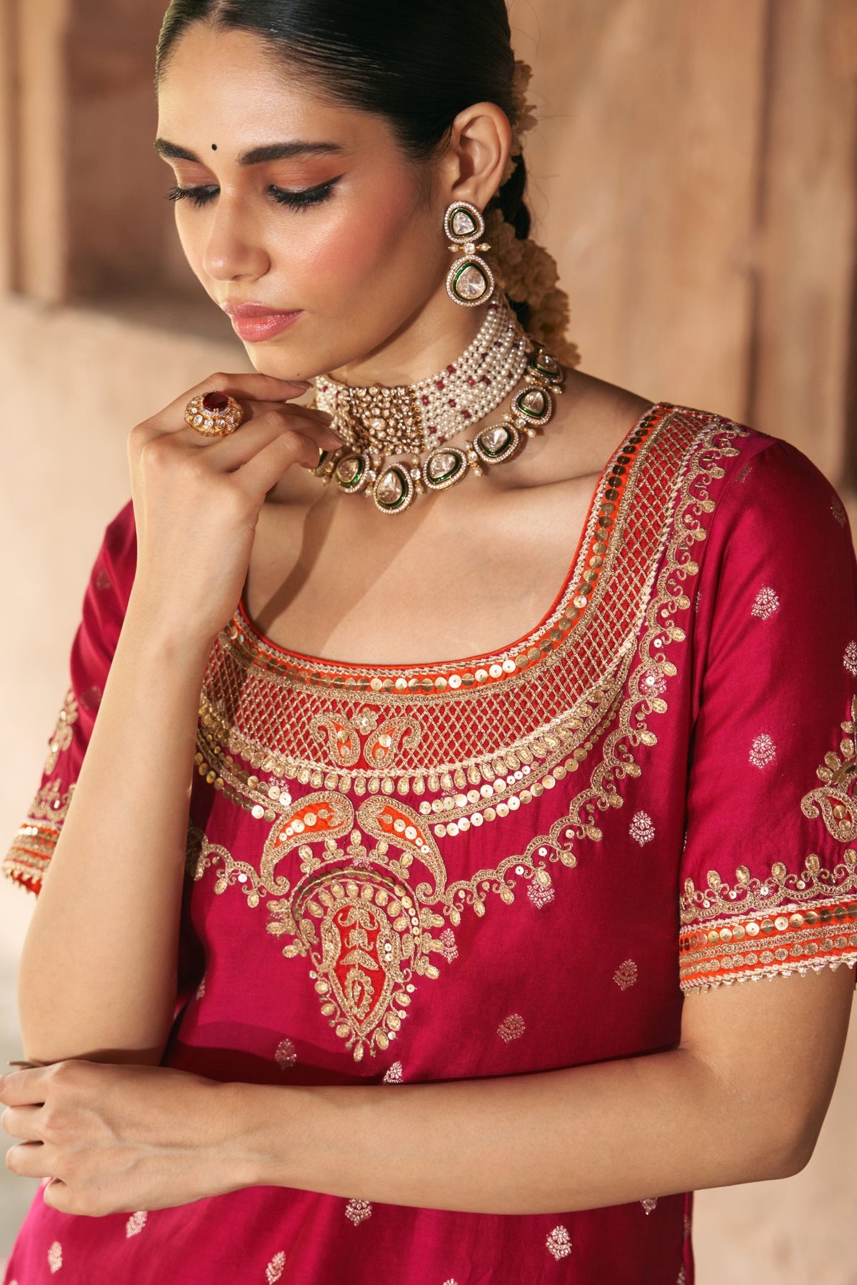 Hot Pink Pure Banarasi Short Kurta with Sharara & Dupatta