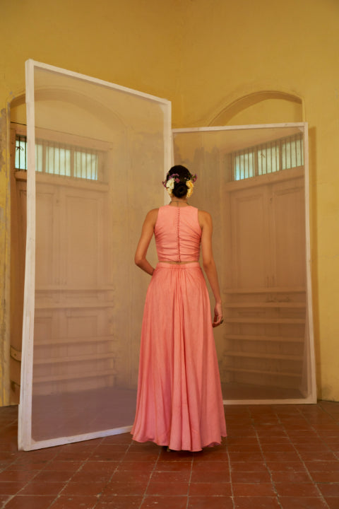 Pink Crop Top with Flap Palazzo Set