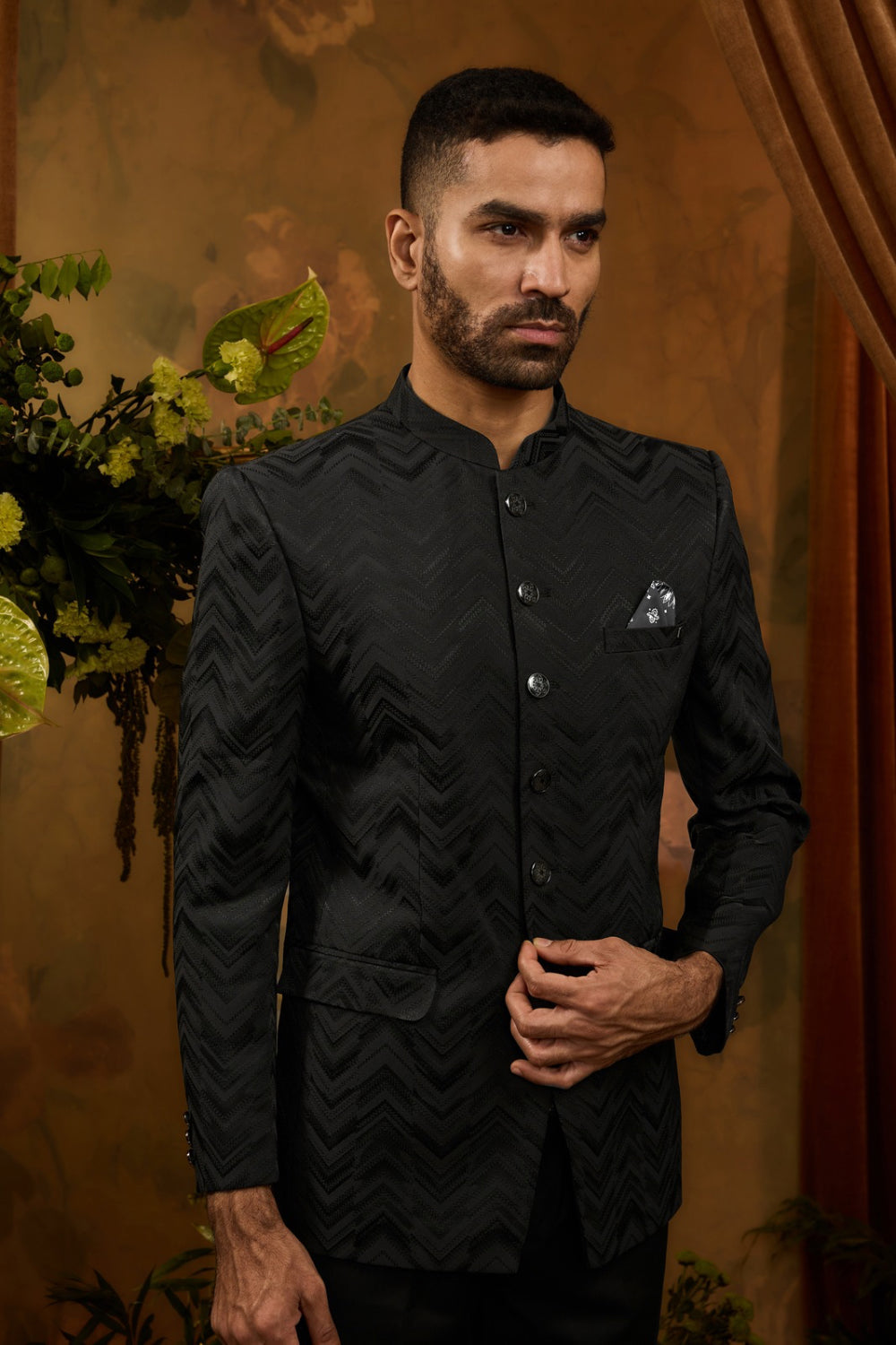 Black silk jodhpuri with jacquard print