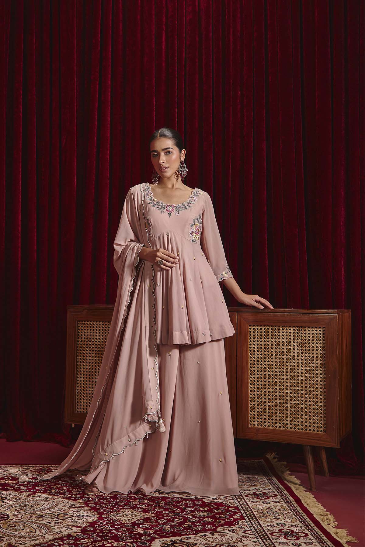 Old Rose Dupion Silk Peplum Kurta with Sharara & Organza Dupatta