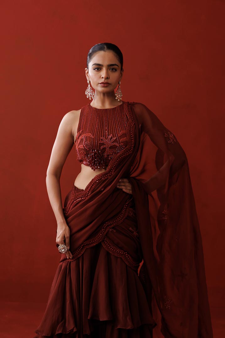 Maroon ruffle saree set
