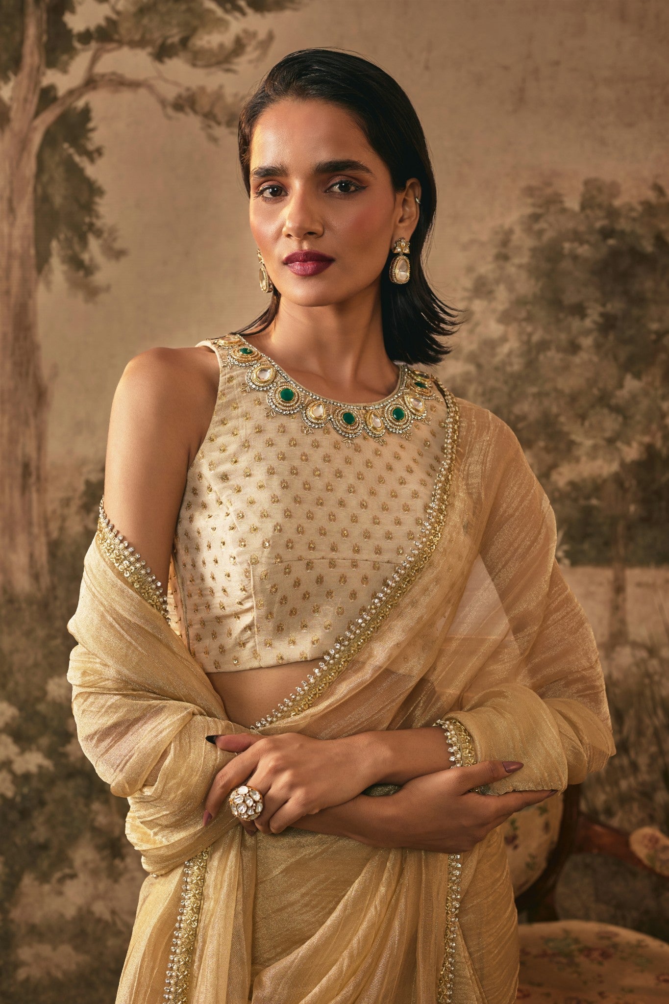 Champagne Gold Metallic pre-pleated Tissue Saree Set