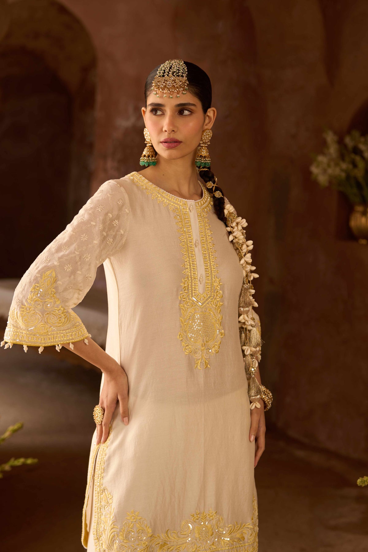 Ivory and Lemon Yellow Silk Chanderi Short Kurta Dhoti Set