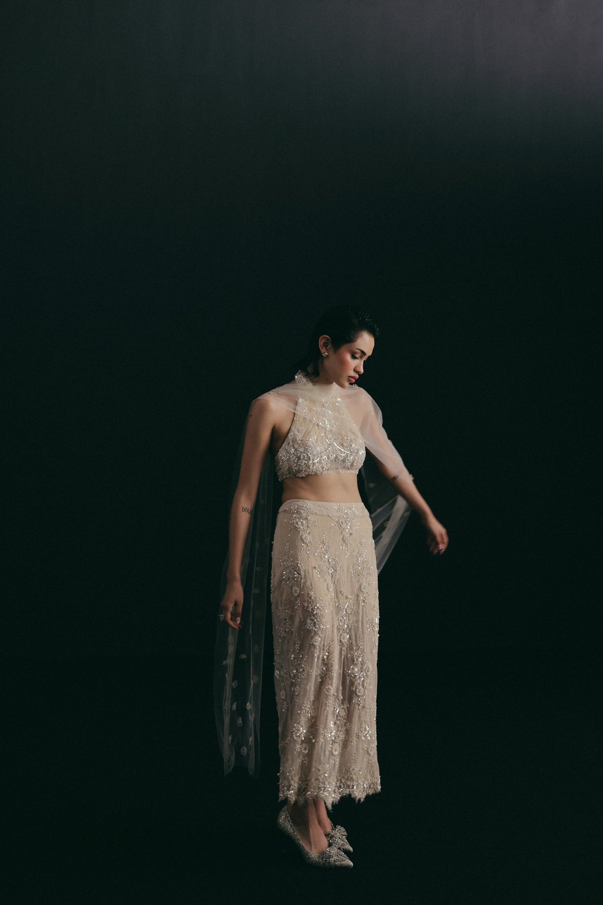 Oyster, Bugle Bead Embroidery, Vintage Lace & Tulle, Crop Skirt Set, Tea-Length Silhouette