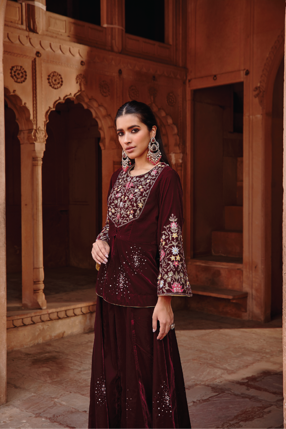 Afreen Wine Velvet Embroidered Jacket and Sharara Set - Festive Wear