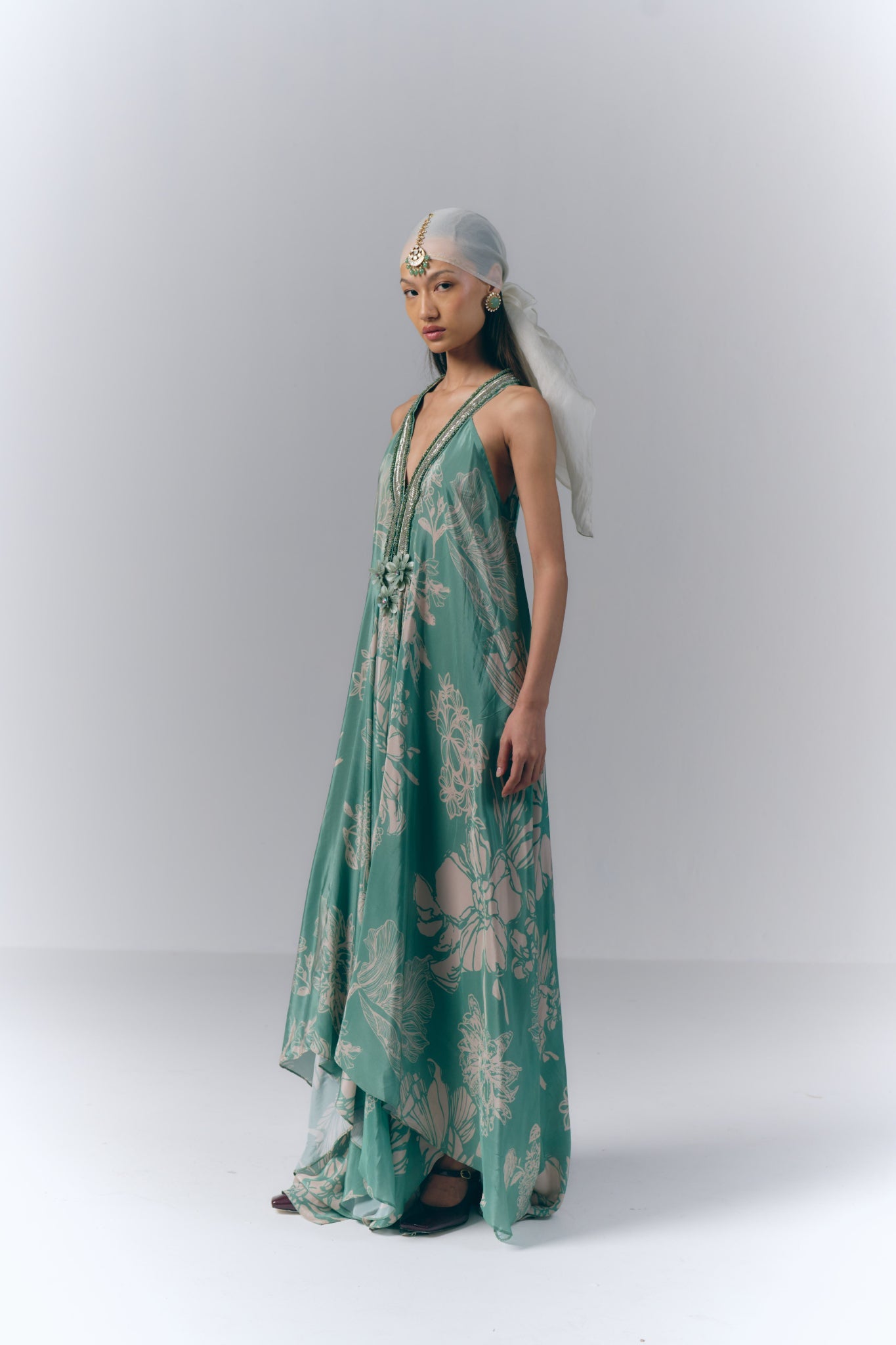 Aqua Whisper printed Long Dress