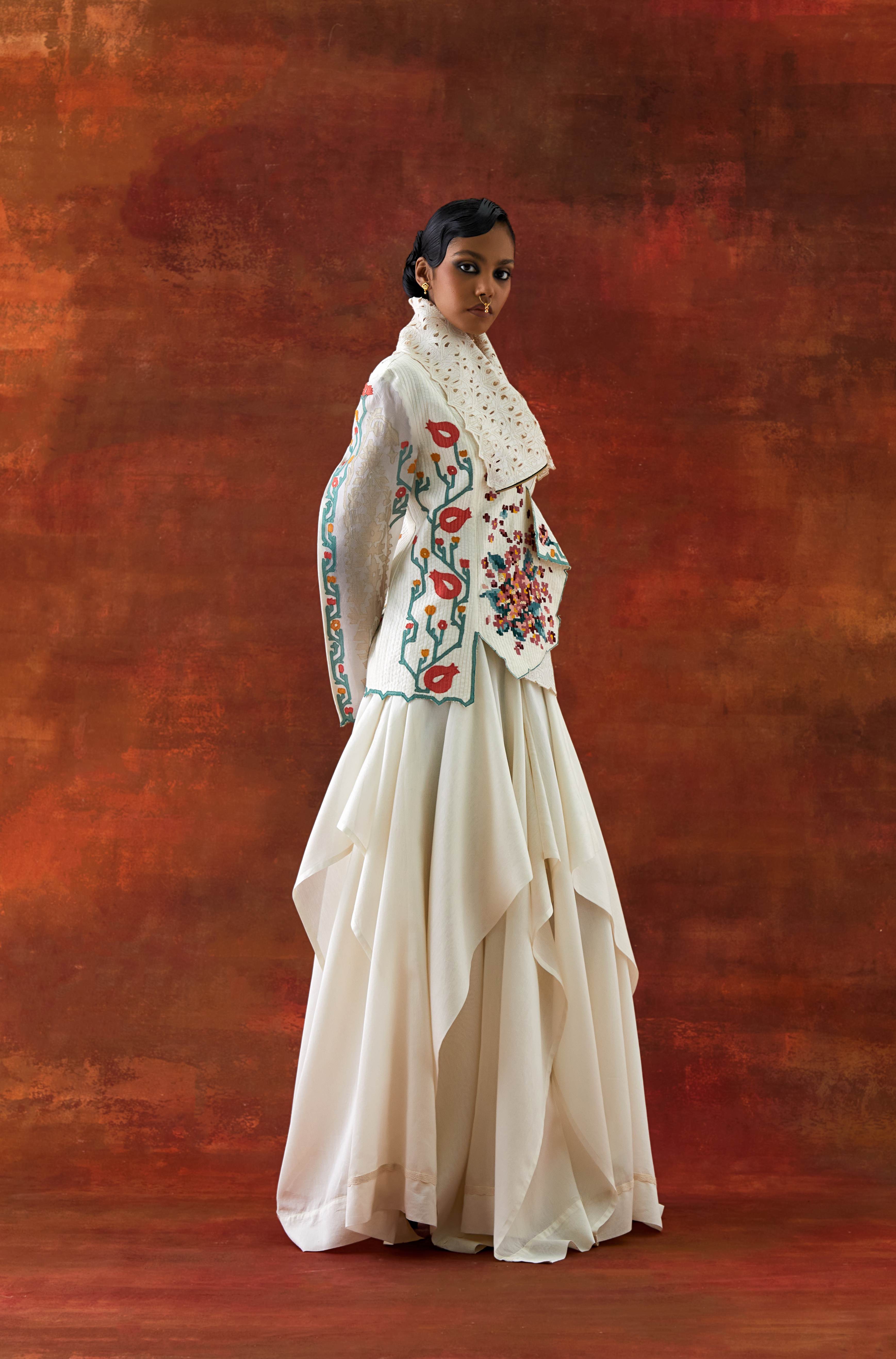 EMB DRAPED COLLAR JACKET WITH DRAPED SKIRT - image 2