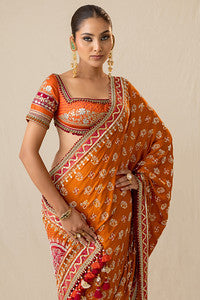 Rediant orange and red printed bandhej sari set