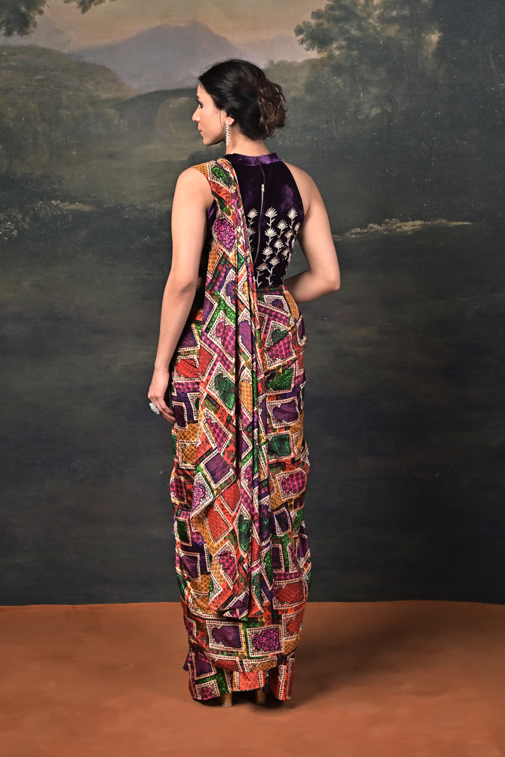 Hand-Embroidered Halter Neck Velvet Blouse with Pure Silk Jharokha Pre-Draped Saree