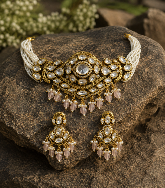 Kundan Pastel Pink Beaded Choker Set