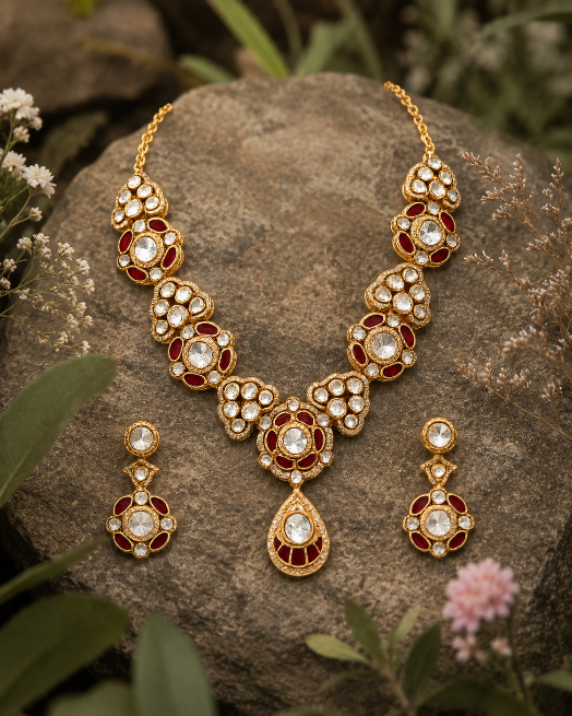 Ruby Kundan Choker Necklace Set with Drop Earring