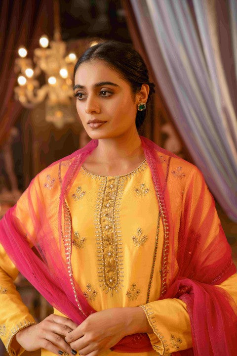 Yellow Suit with Pink Dupatta - image 2