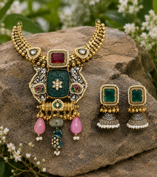 Green Carved Stone Statement Necklace Set with Designer Earring