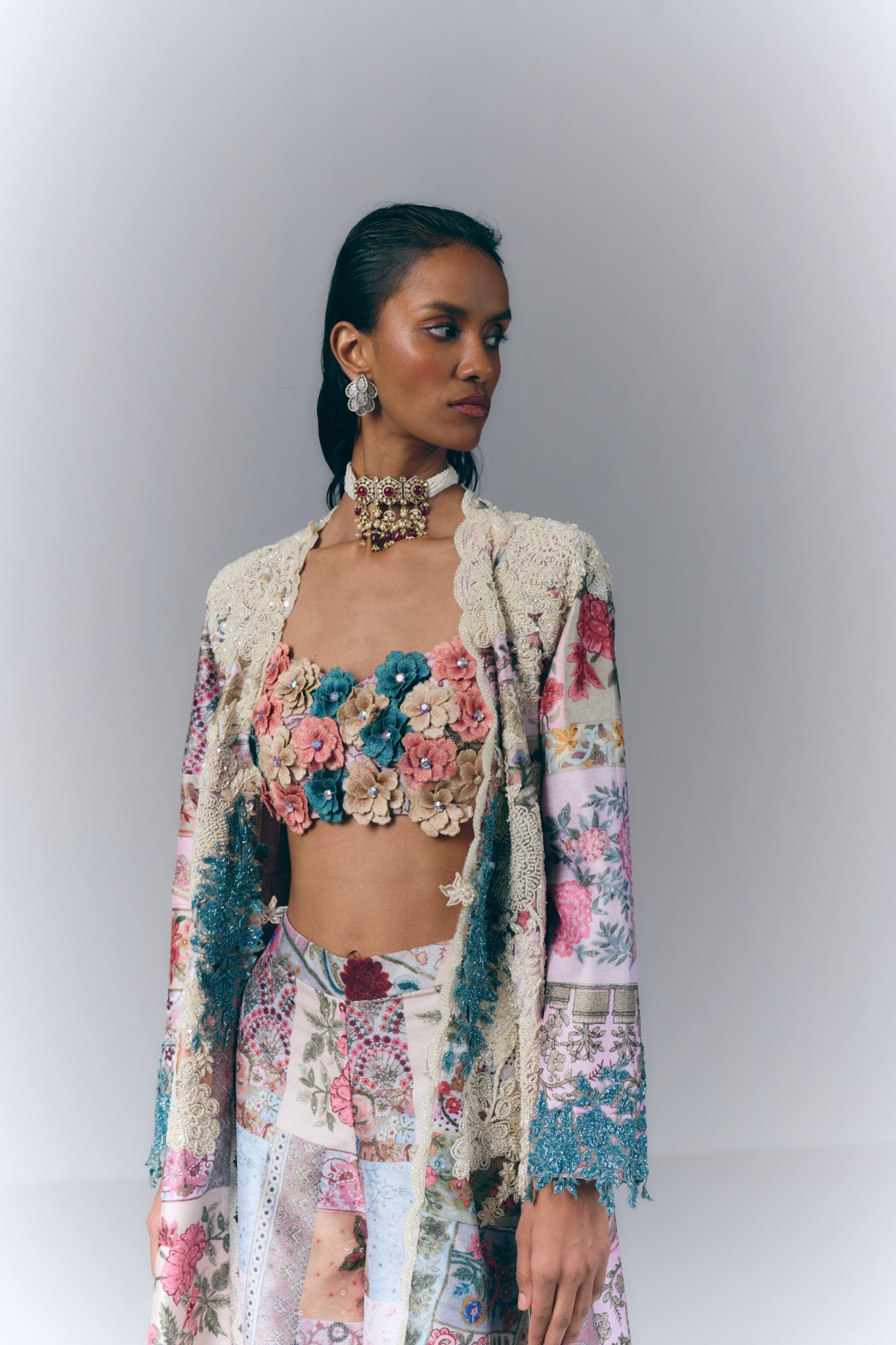 Patchwork Embellished Jacket  Set