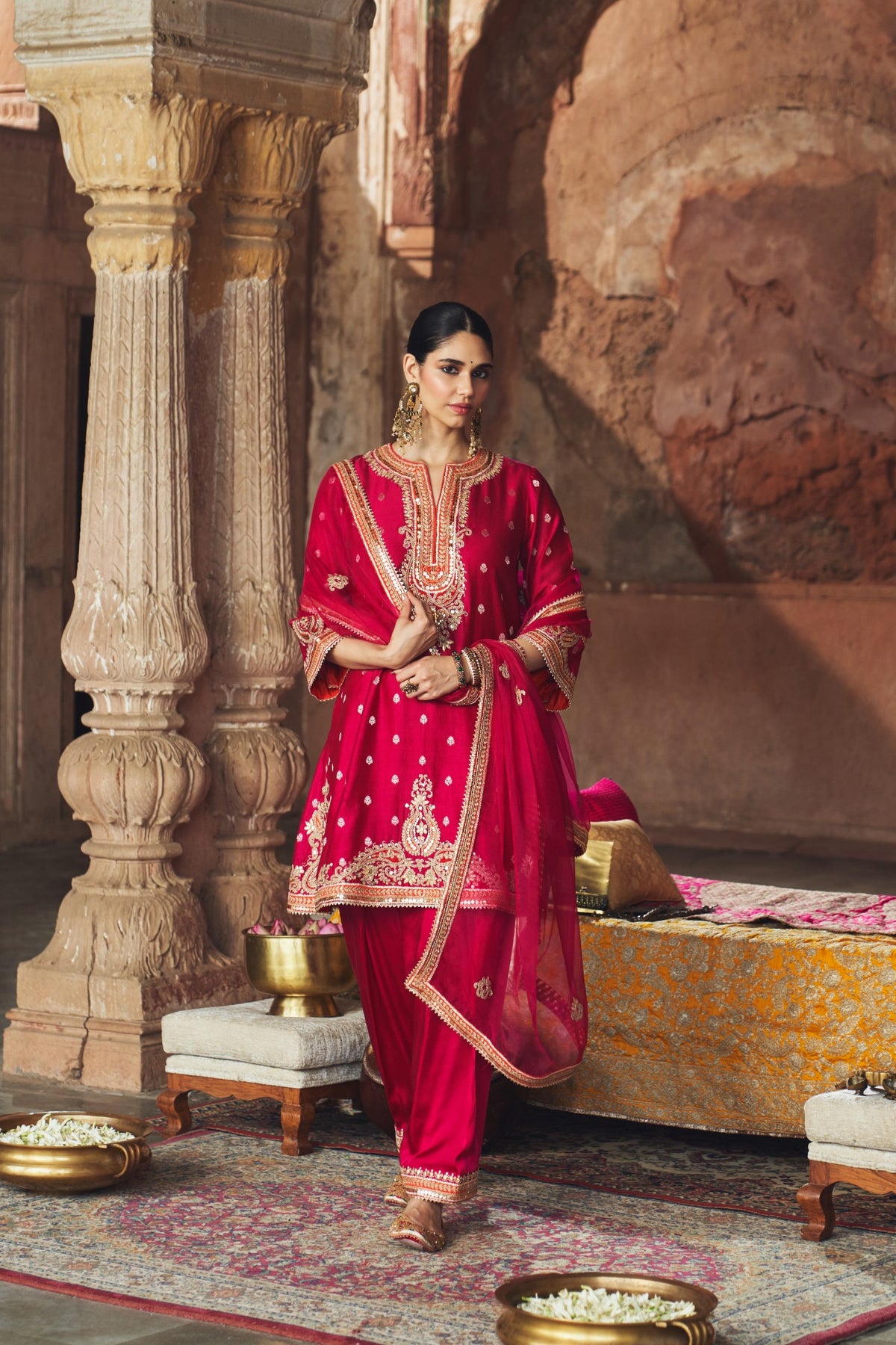 Hot Pink Banarasi Silk Kurta Salwar Set with Organza Dupatta