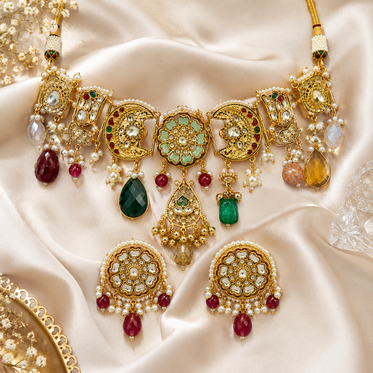 Handcrafted Multicolour Polki Charm Necklace Set