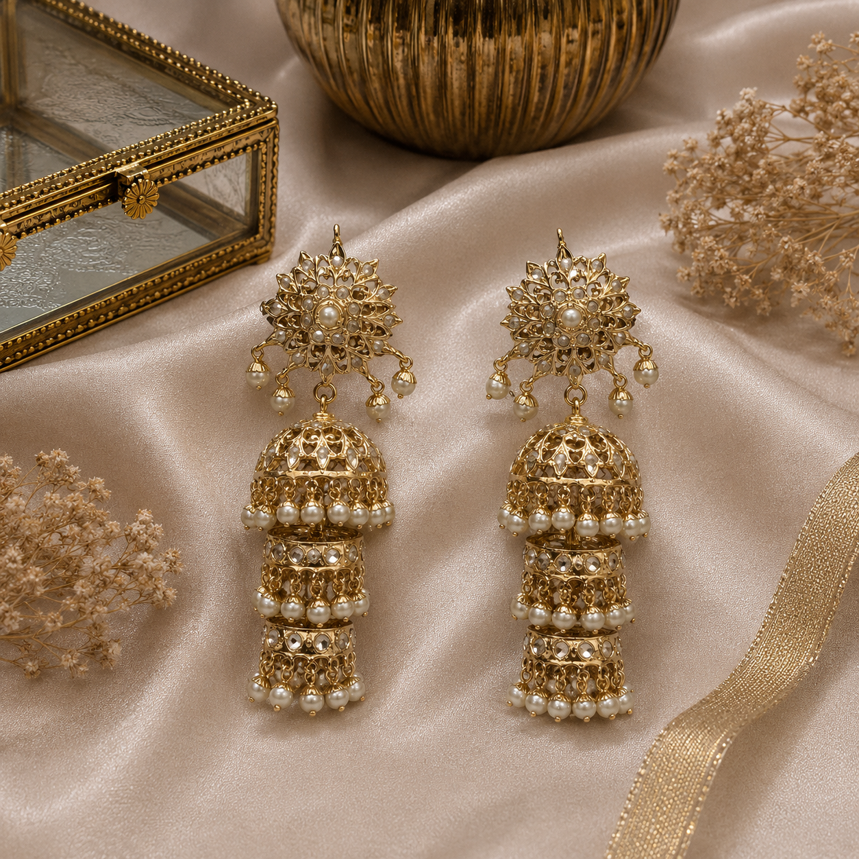 Three-Layer Jadau Pearl Jhumka Earrings