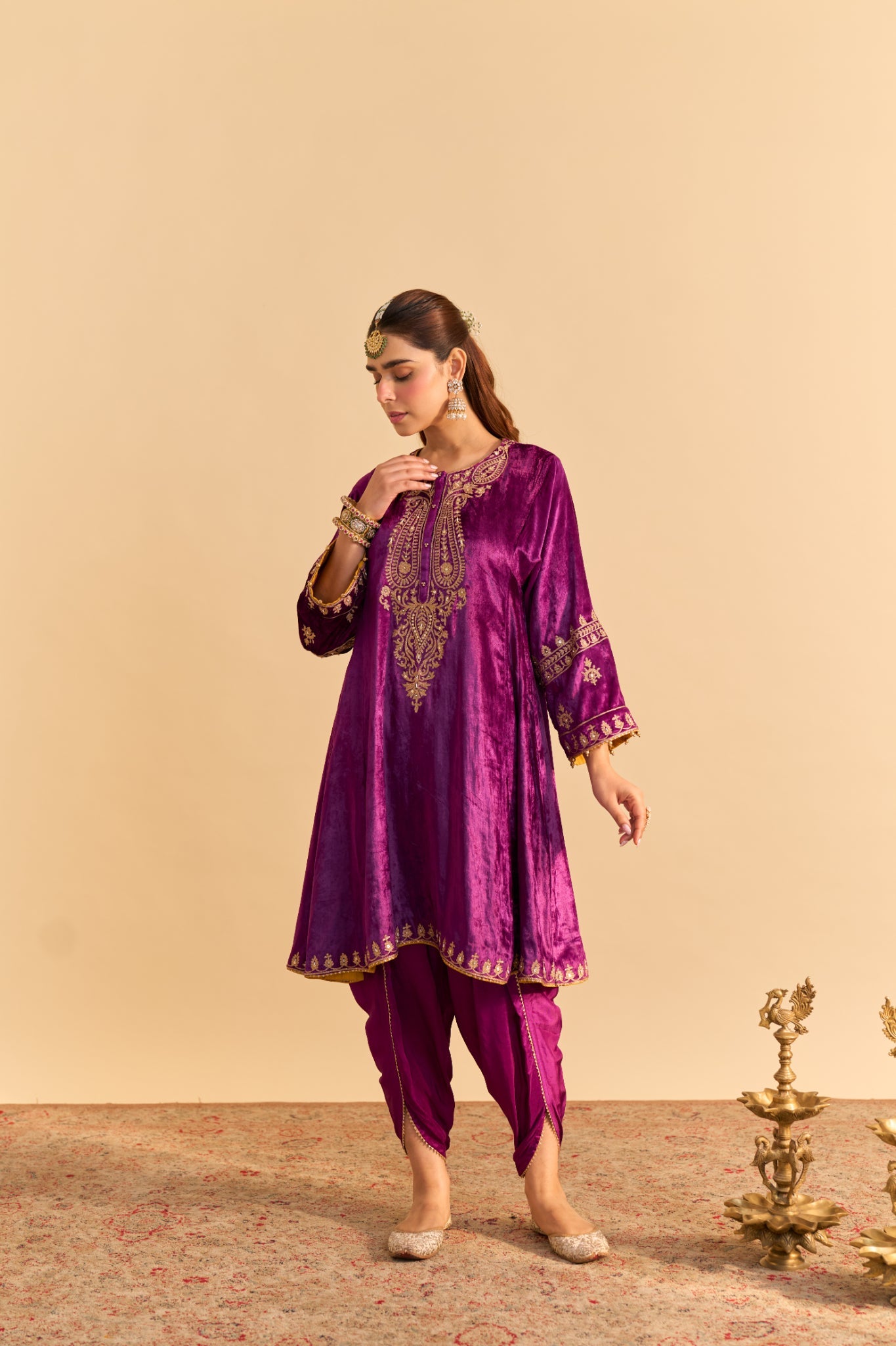 Amal - Deep Purple A-line Kurta with Dhoti with Dupatta