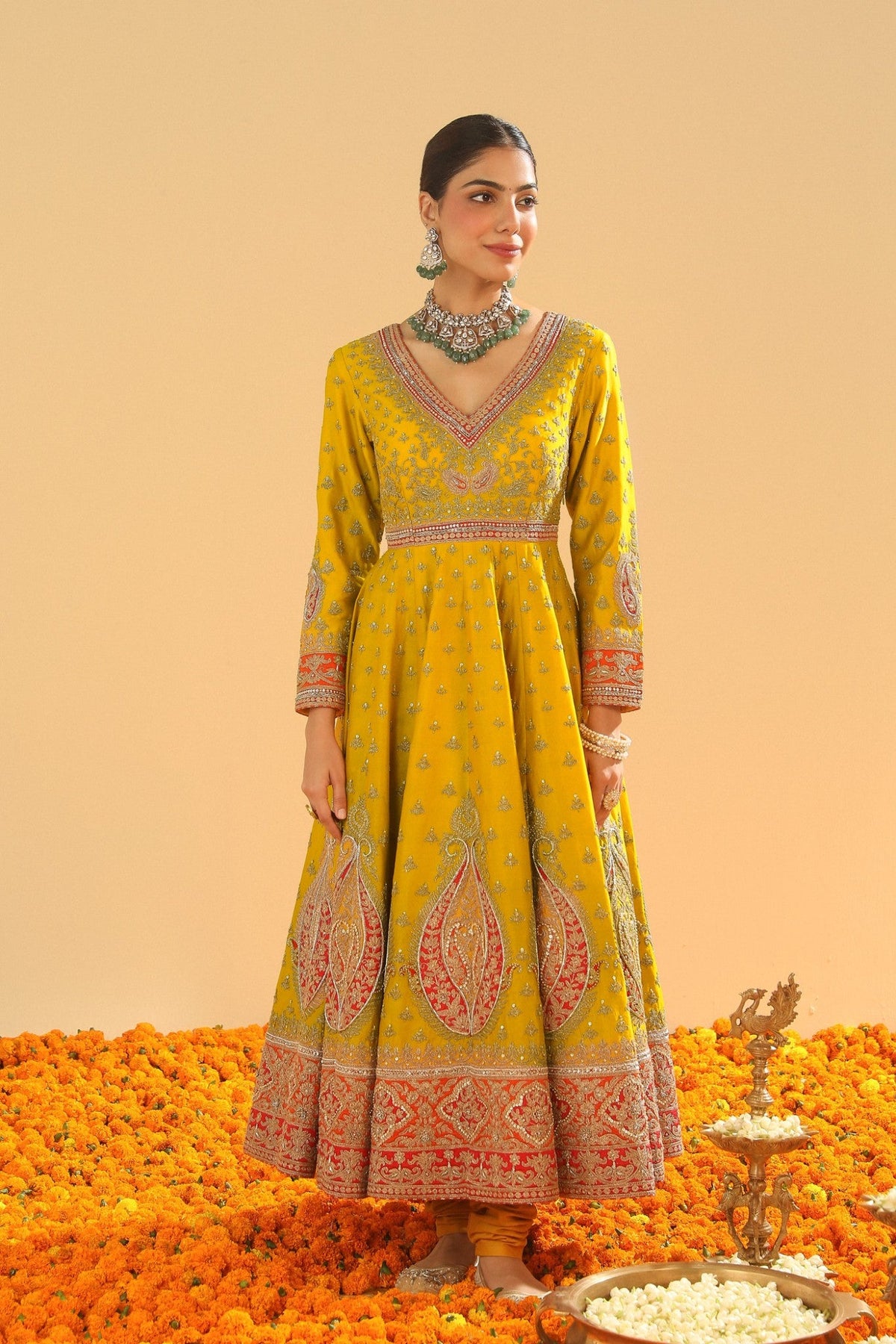 Shazia - Mustard Anarkaali with Chooridaar and Dupatta