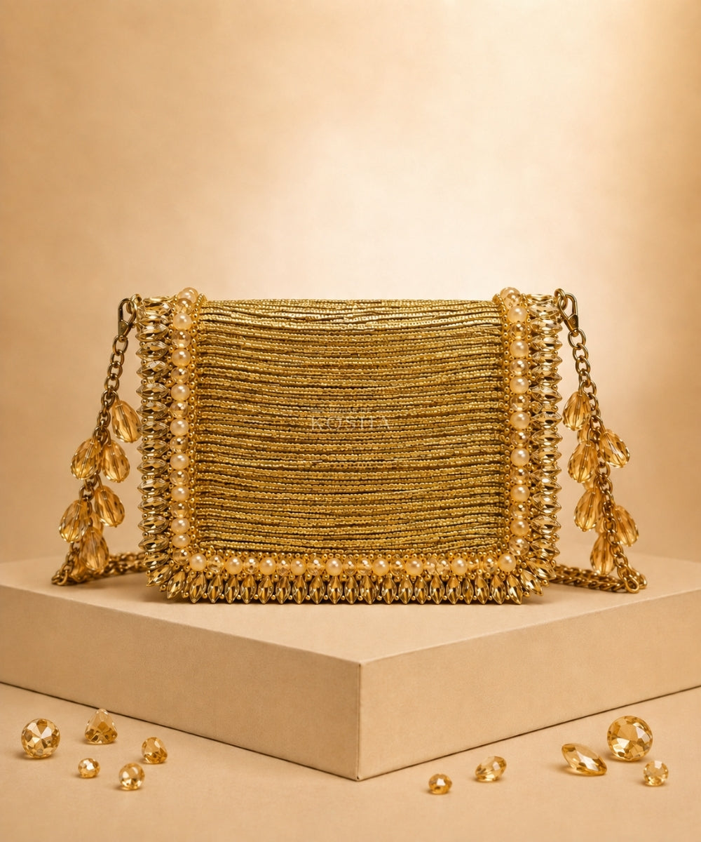 Elif Gold Georgette Embellished Mini Bag