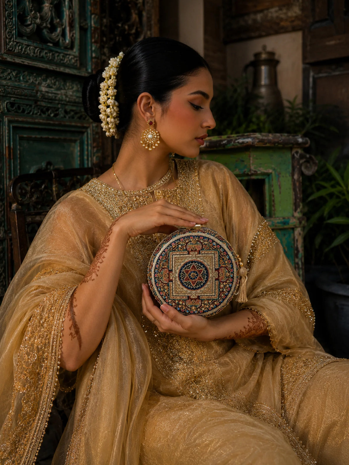 Navy Blue Mandala Embellished Round Clutch Bag with Gold Tassel