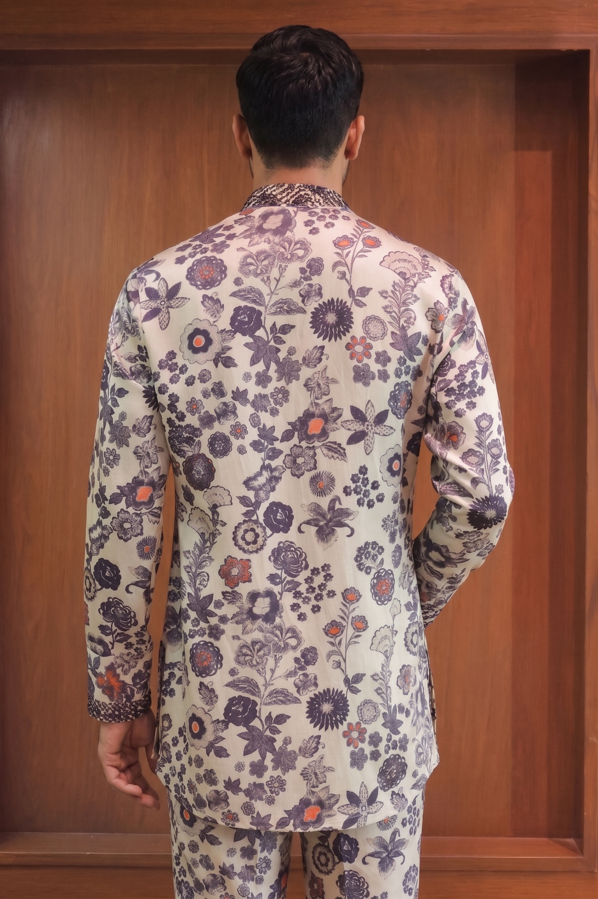 Ice Blue Printed & Embroidered Linen Satin Kurta
