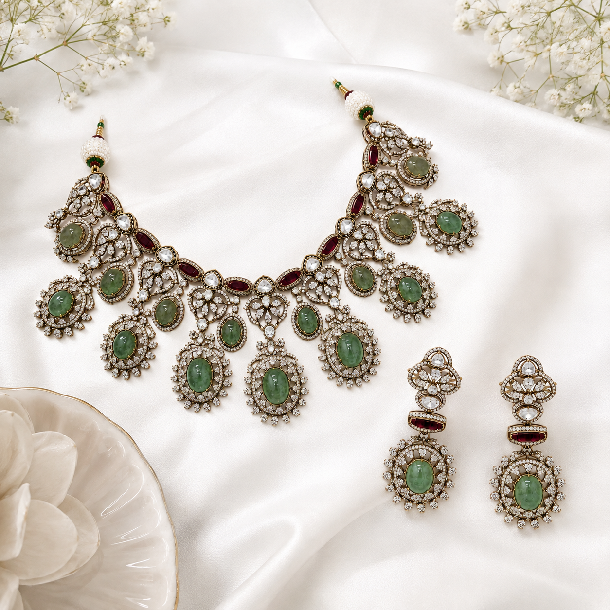 Sage Green Semi-Precious Stone Zircon Necklace Set
