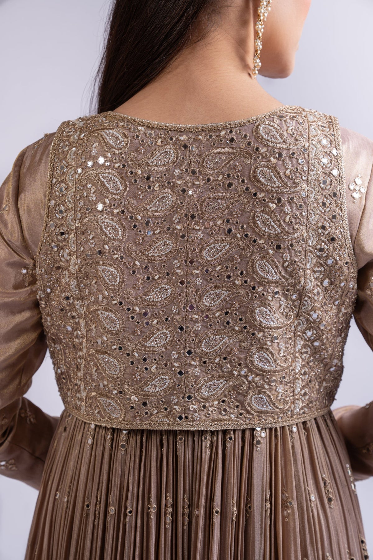 Mouse Brown Tissue Silk Short Anarkali with Embroidered Jacket