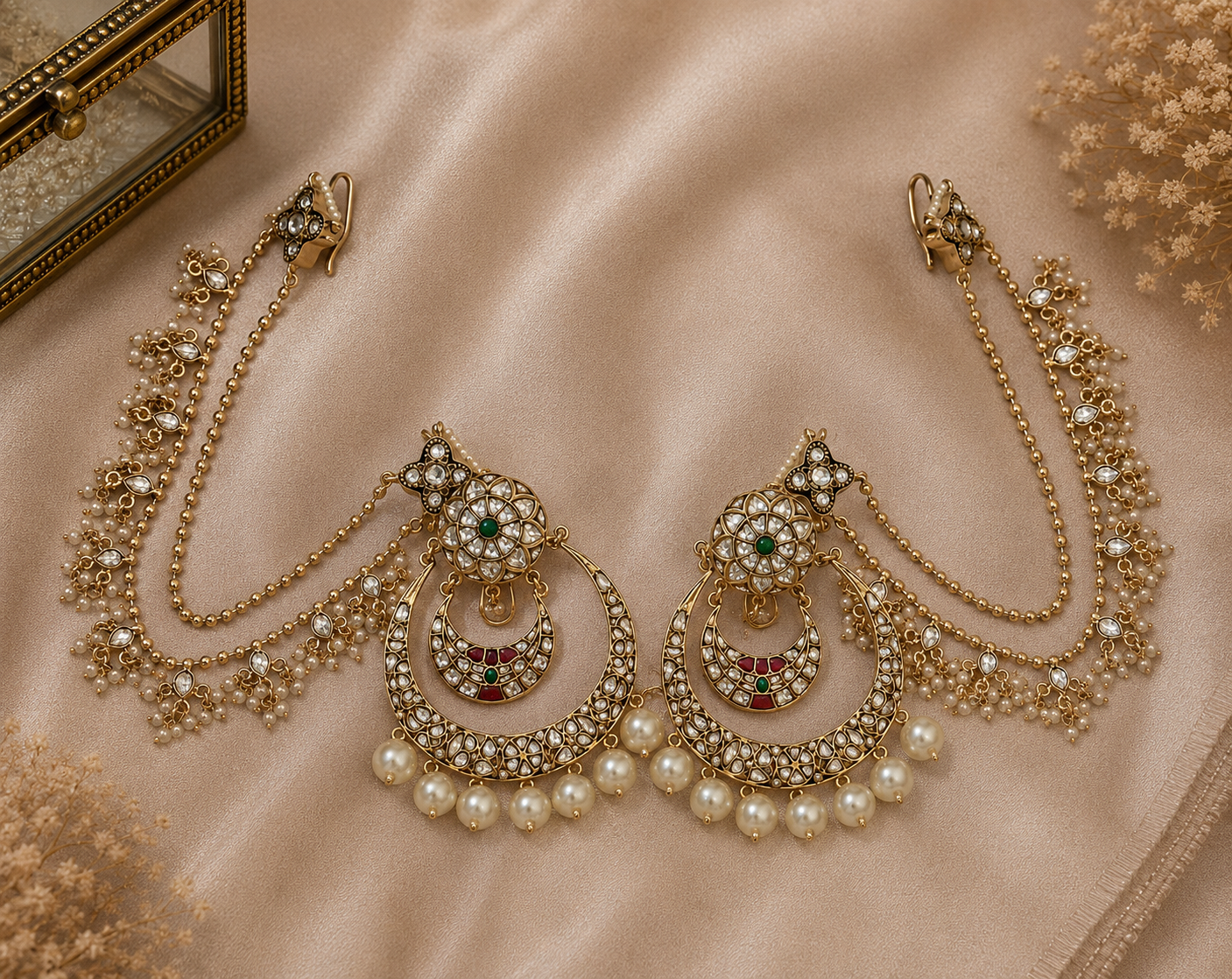 Kundan Pearl Chandbali Earrings with Ear Chains
