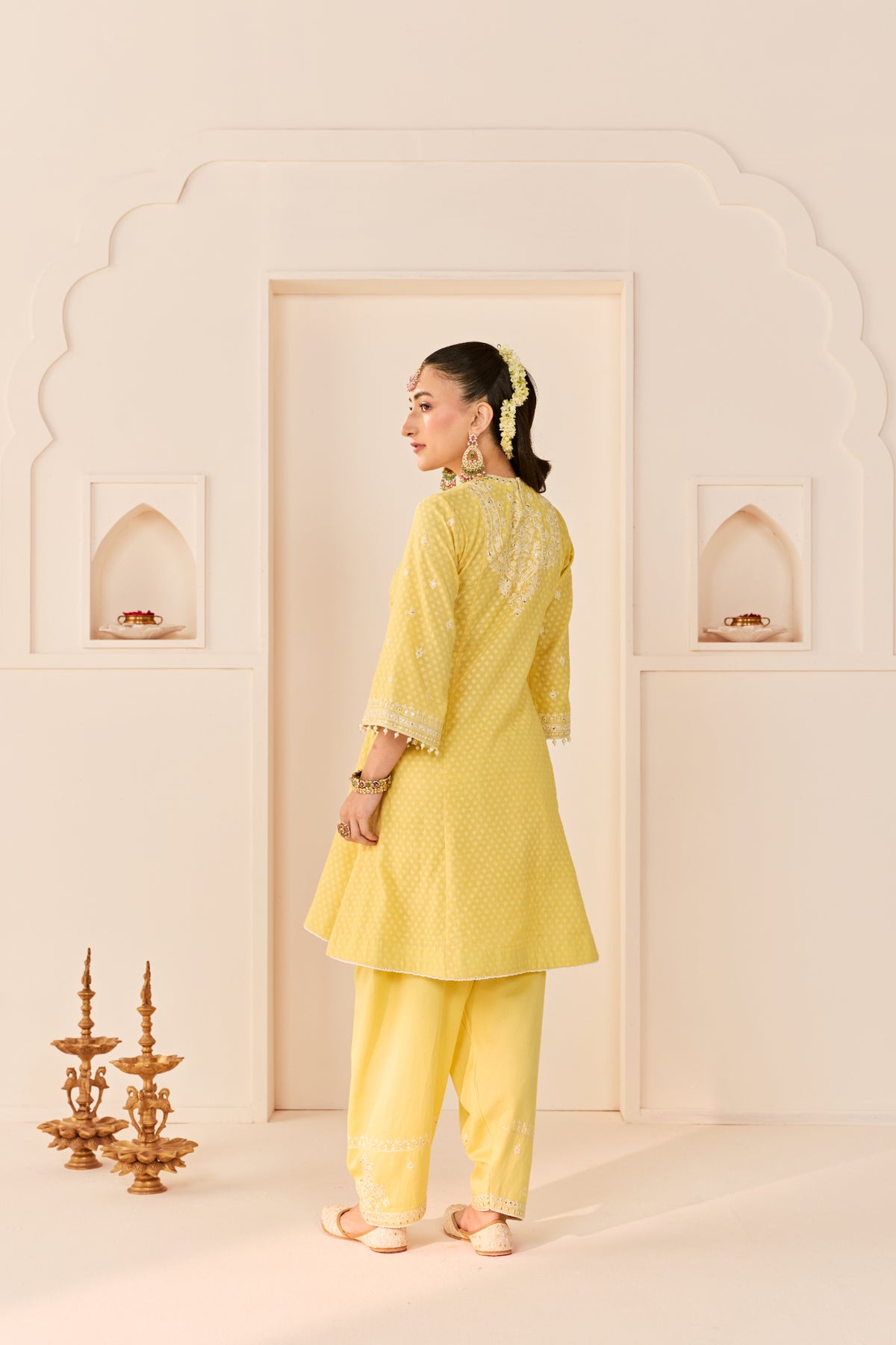 Lemon Yellow Chanderi Kurta with Salwar & Silk Organza Dupatta