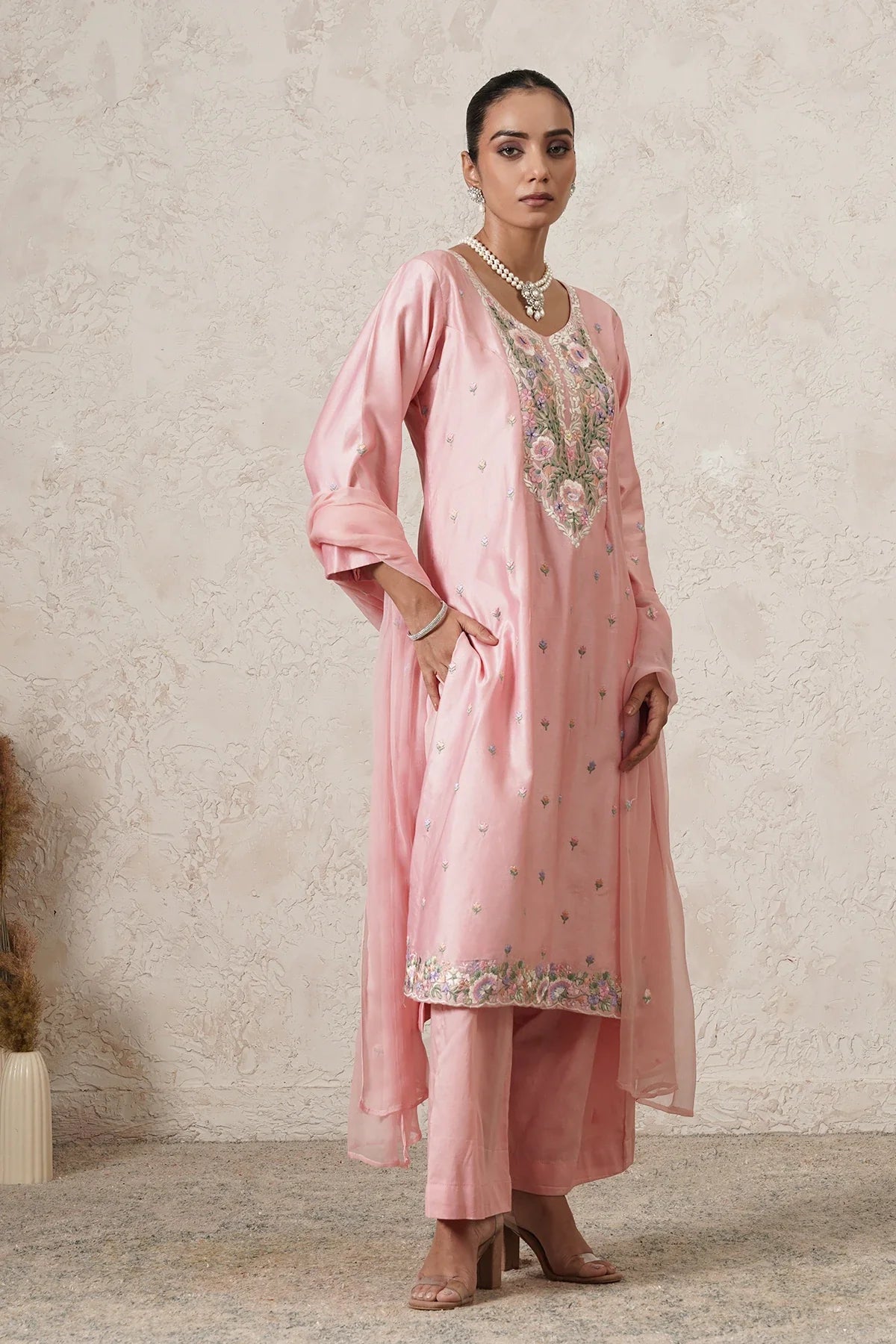 Gulnaar Hand-Embroidered A-Line Kurta Palazzo Set with Dupatta | Dark Pink | Chanderi & Satin | Women | THETAA