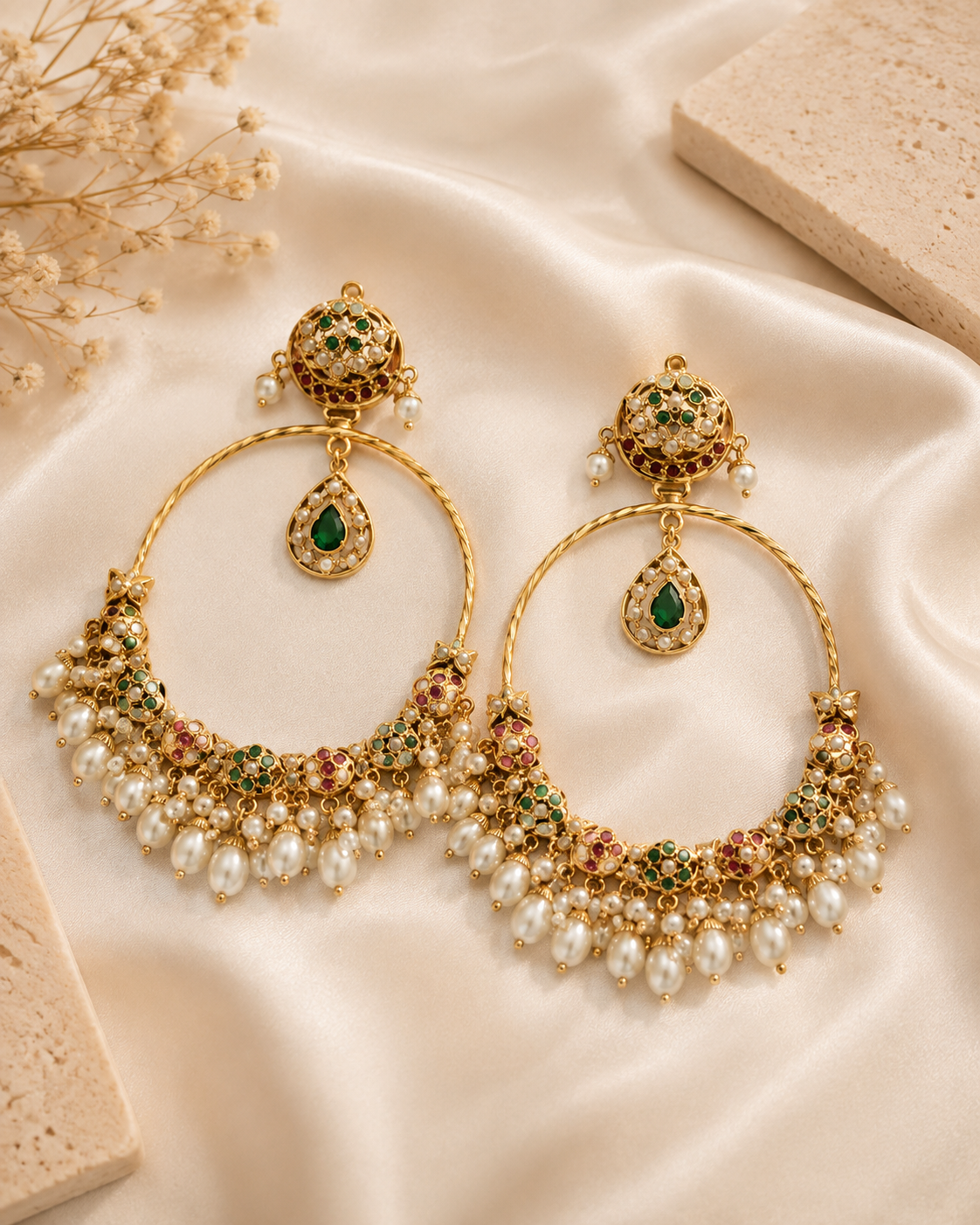 Multicolour Jadau Pearl Oversized Hoop Earrings