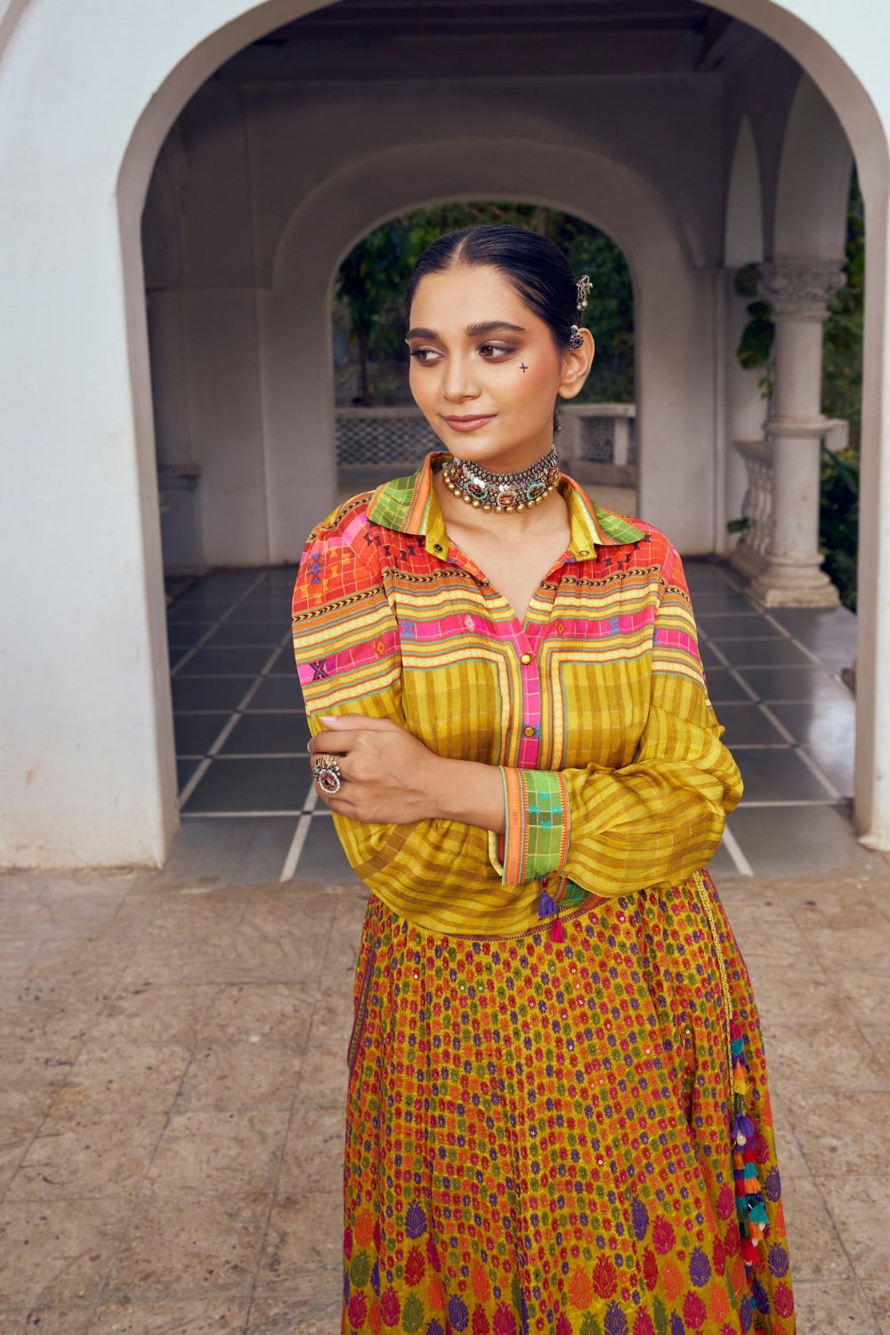 Yellow silk lehenga choli with thread work