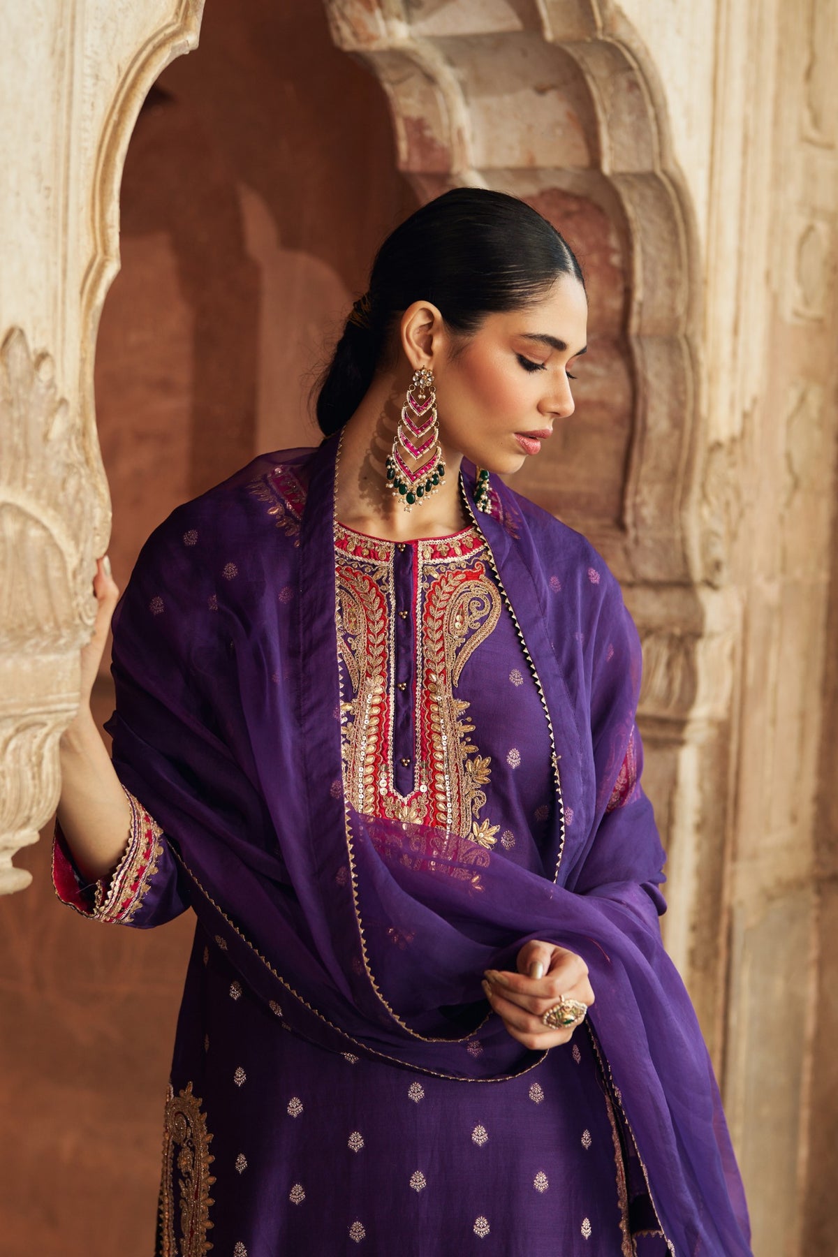 Deep Purple Silk Chanderi Short Kurta Dhoti Set for Festive Wear