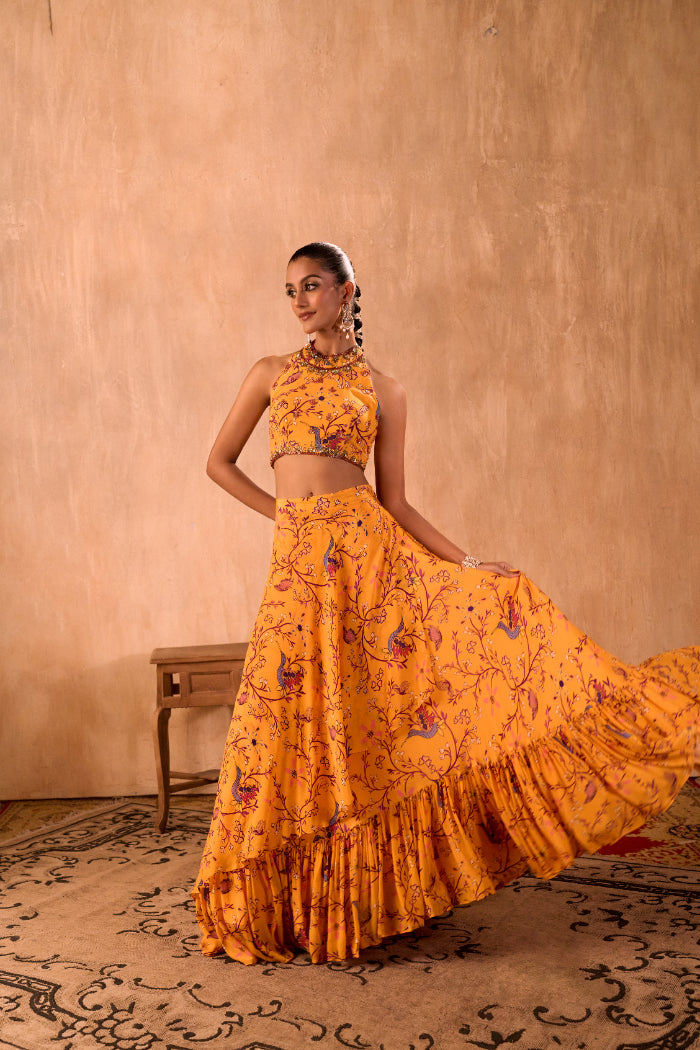 YELLOW PRINT EMBROIDERED HALTER CHOLI AND LAYERED LEHENGA SKIRT SET - image 2