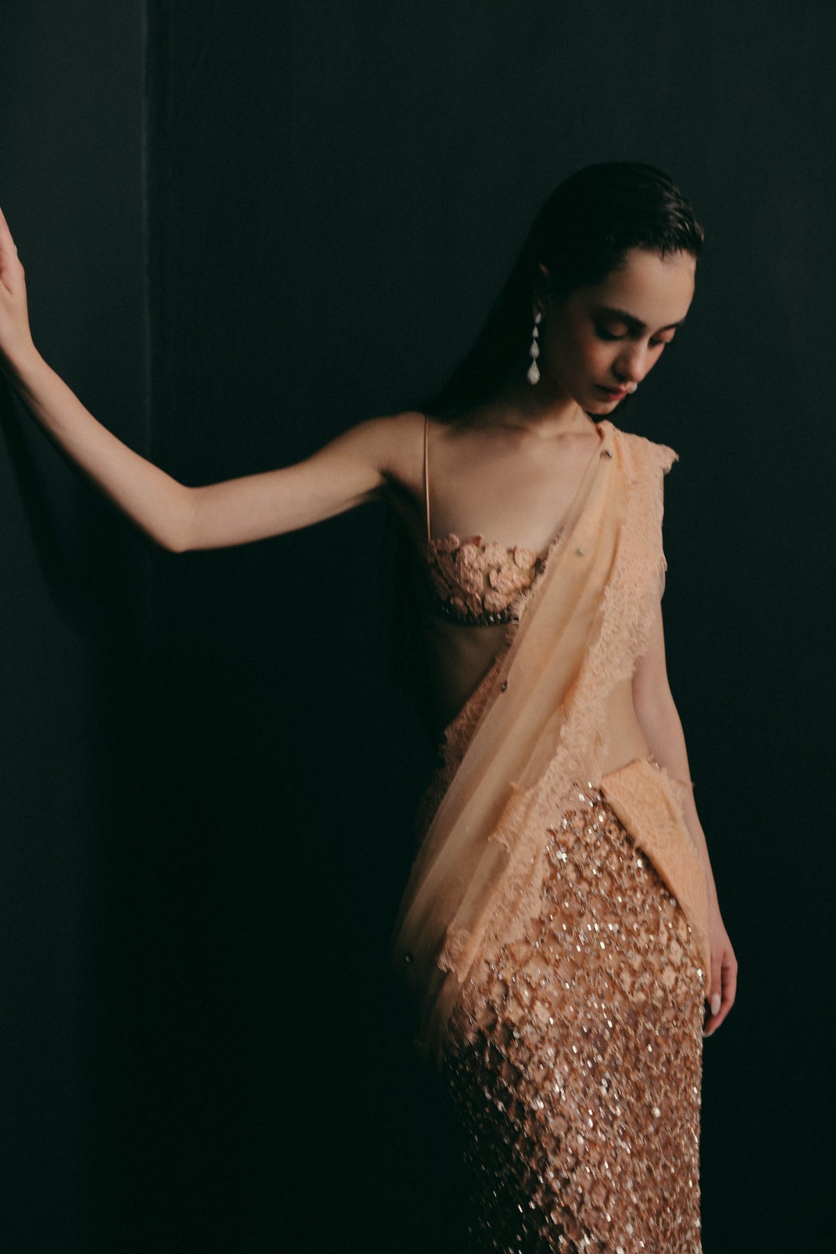 Zardosi Floral Embroidery, Tulle & Silk, Pre-Stitched Saree Set, Bralette Silhouette