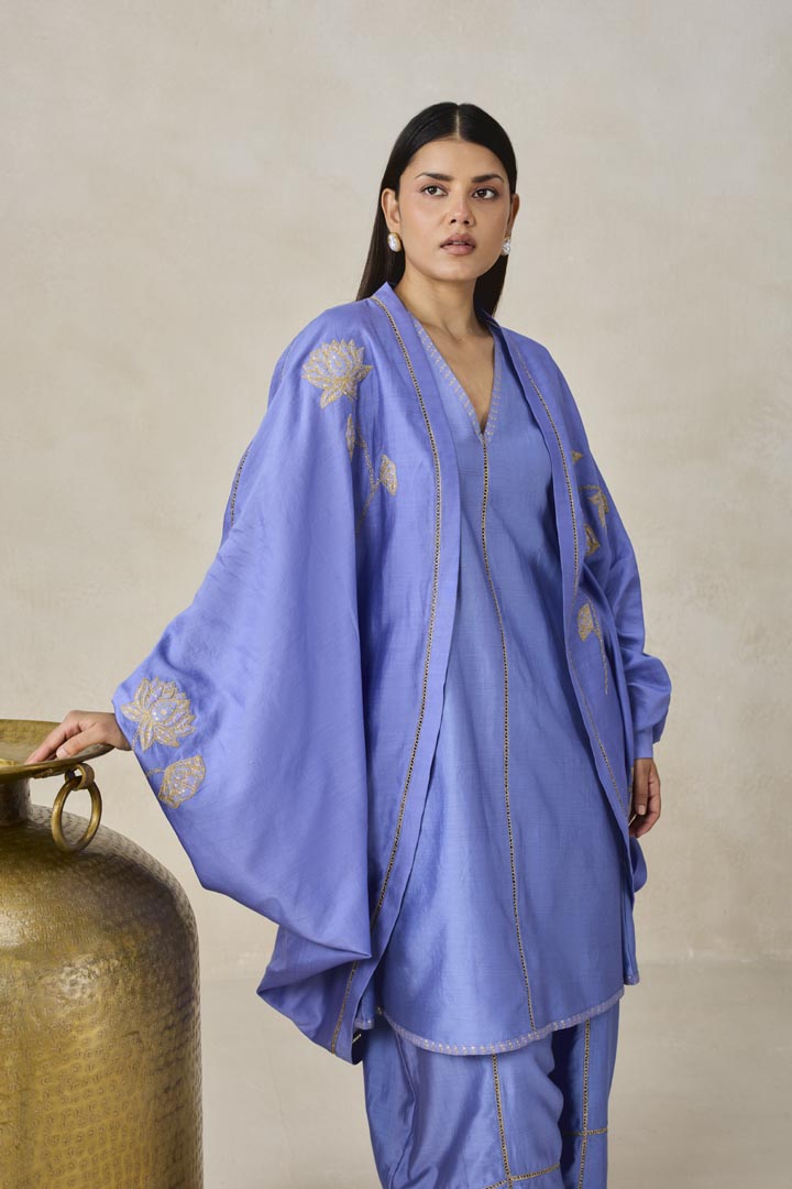Ink Blue Chanderi Jacket Style Kurta Salwar Set for Women