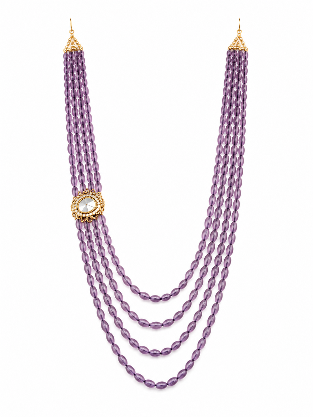 Four-Layered Purple Beaded Kundan Groom Mala