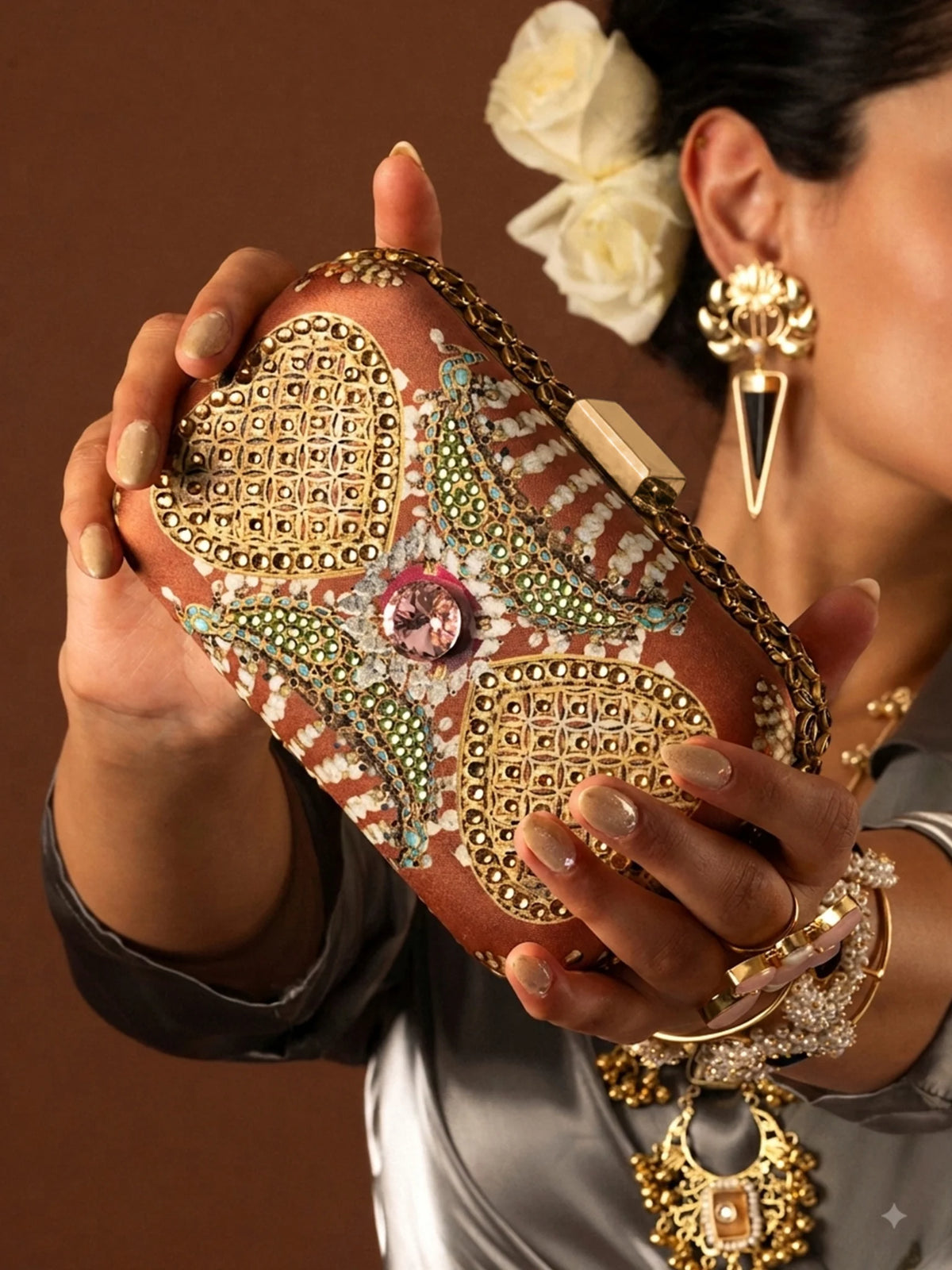 Brown Jewel-Inspired Embellished Clutch Bag with Pearl & Gold Detail