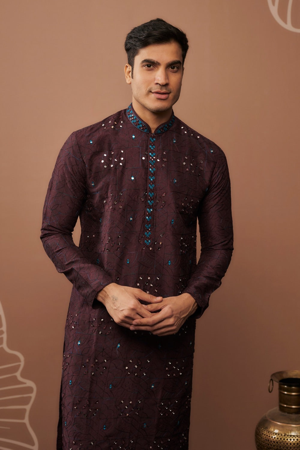 Wine silk kurta set with and hand and machine work