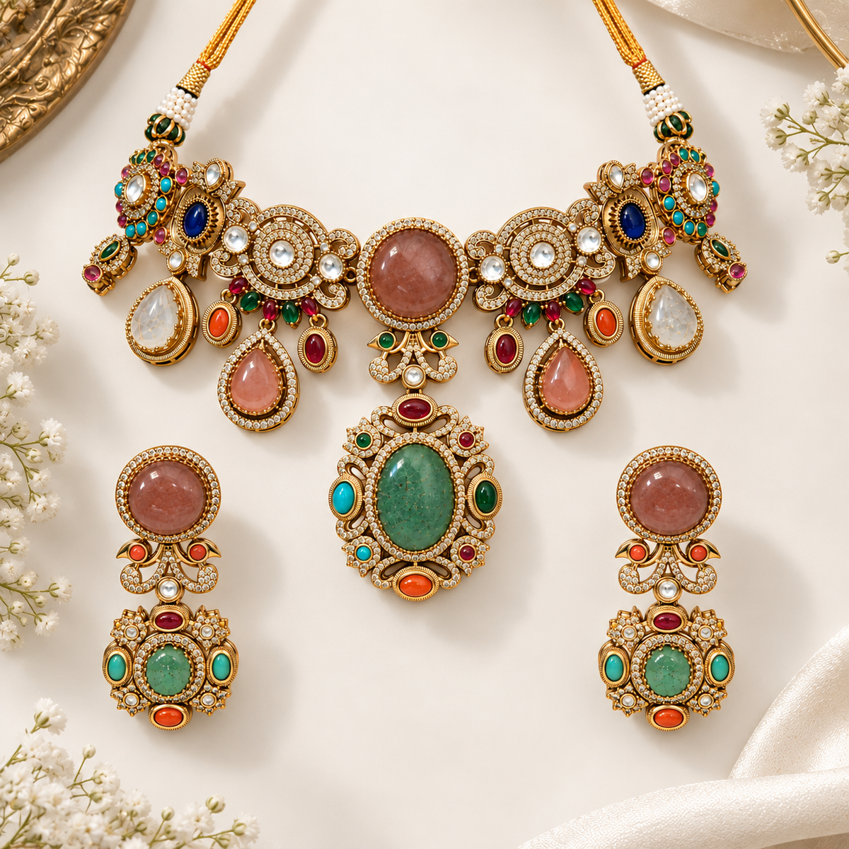 Multicolor Cabochon Statement Necklace Set