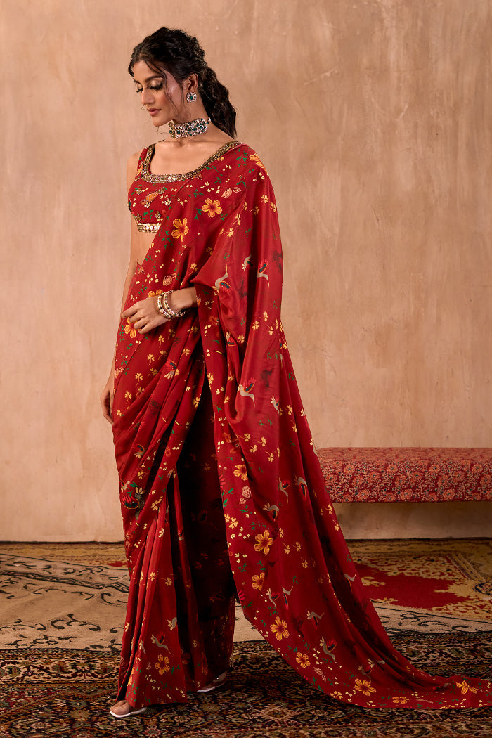 RED PRINT EMBROIDERED CHOLI WITH PRE-DRAPED SARI SET - image 2