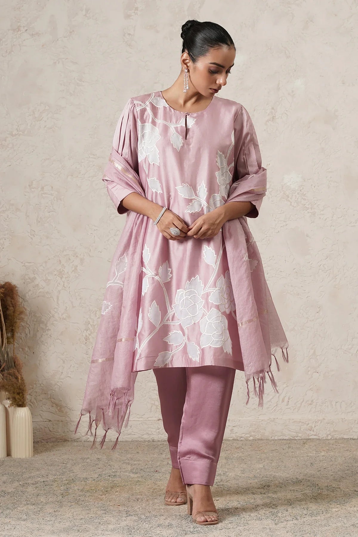 Chameli Floral Motif Kurta Set with Pants & Dupatta | Mauve Pink | THETAA