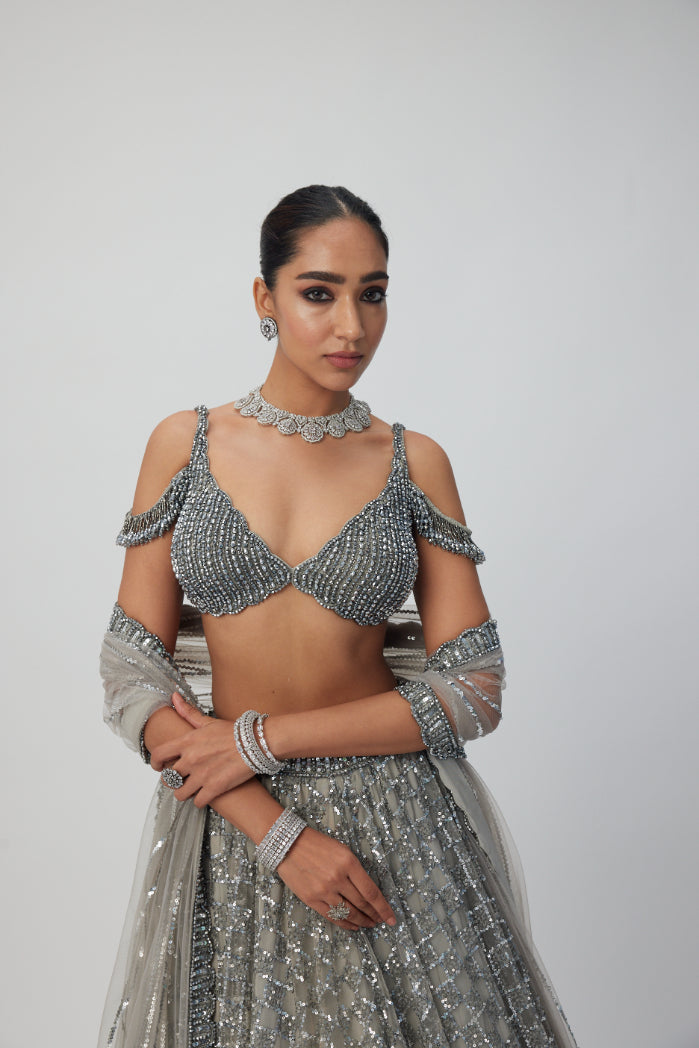 Crystal Grey Sequins embroidered Lehenga Set