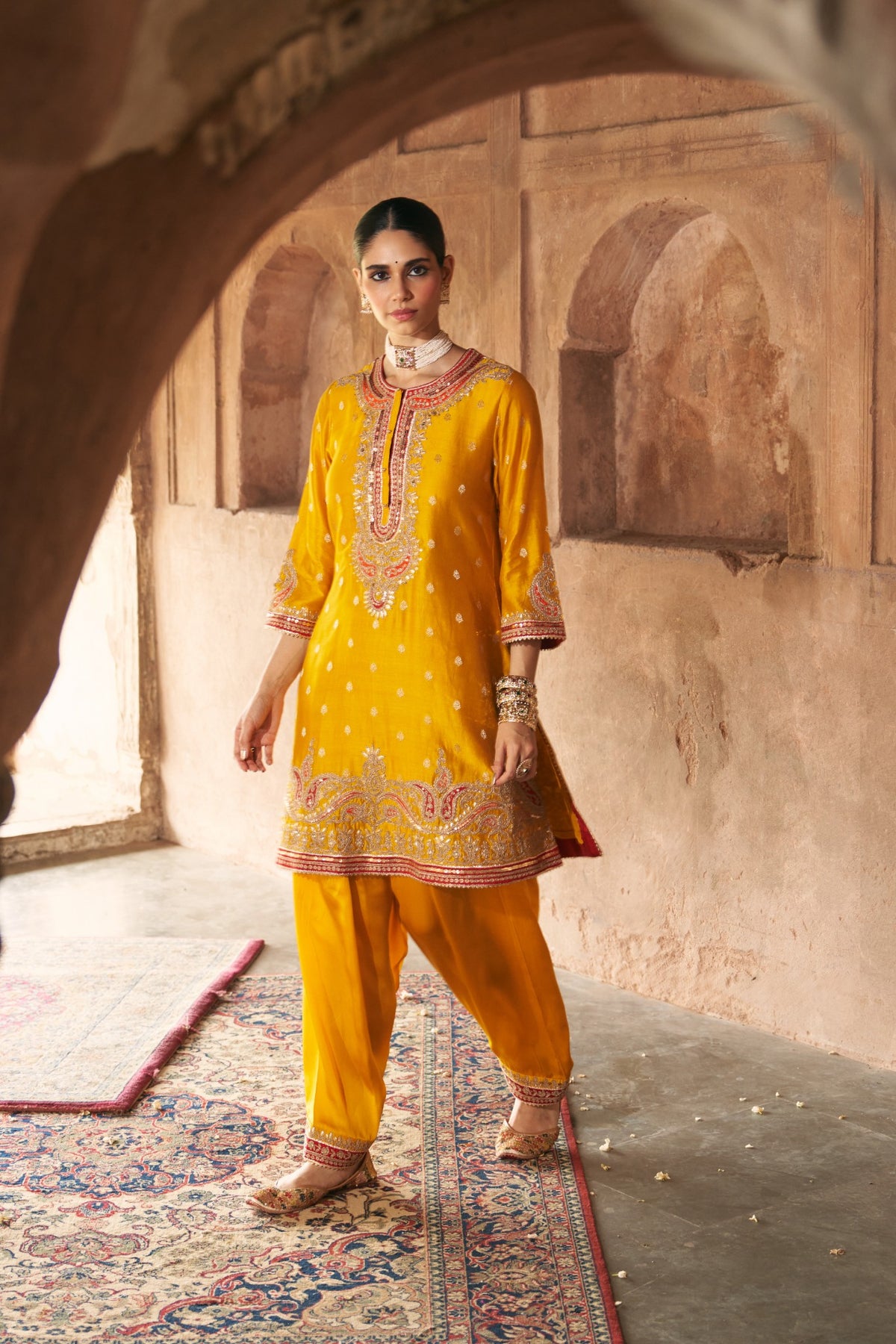 Mustard Banarasi Silk Short Kurta Salwar Set with Organza Dupatta