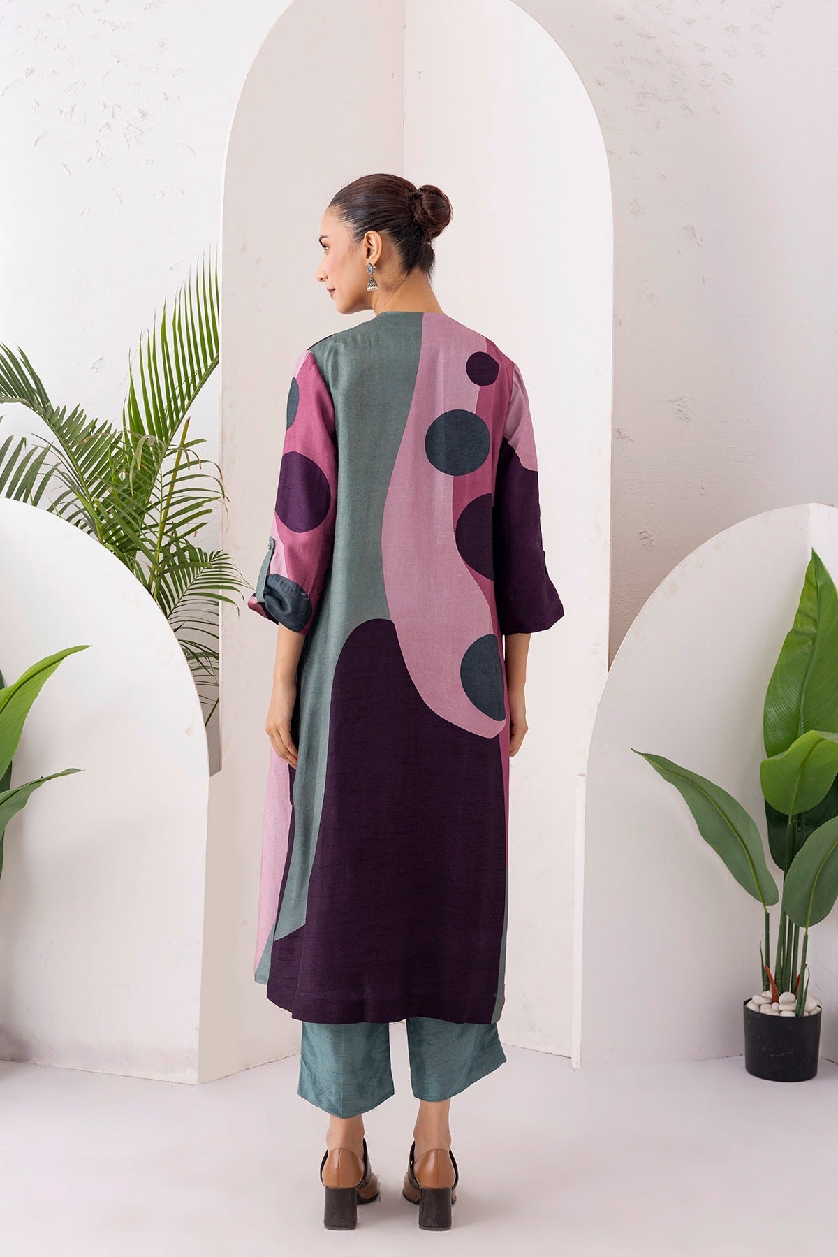 Salmon Pink & Wine Viscose Dupion Printed Dress Set (3 PCS)