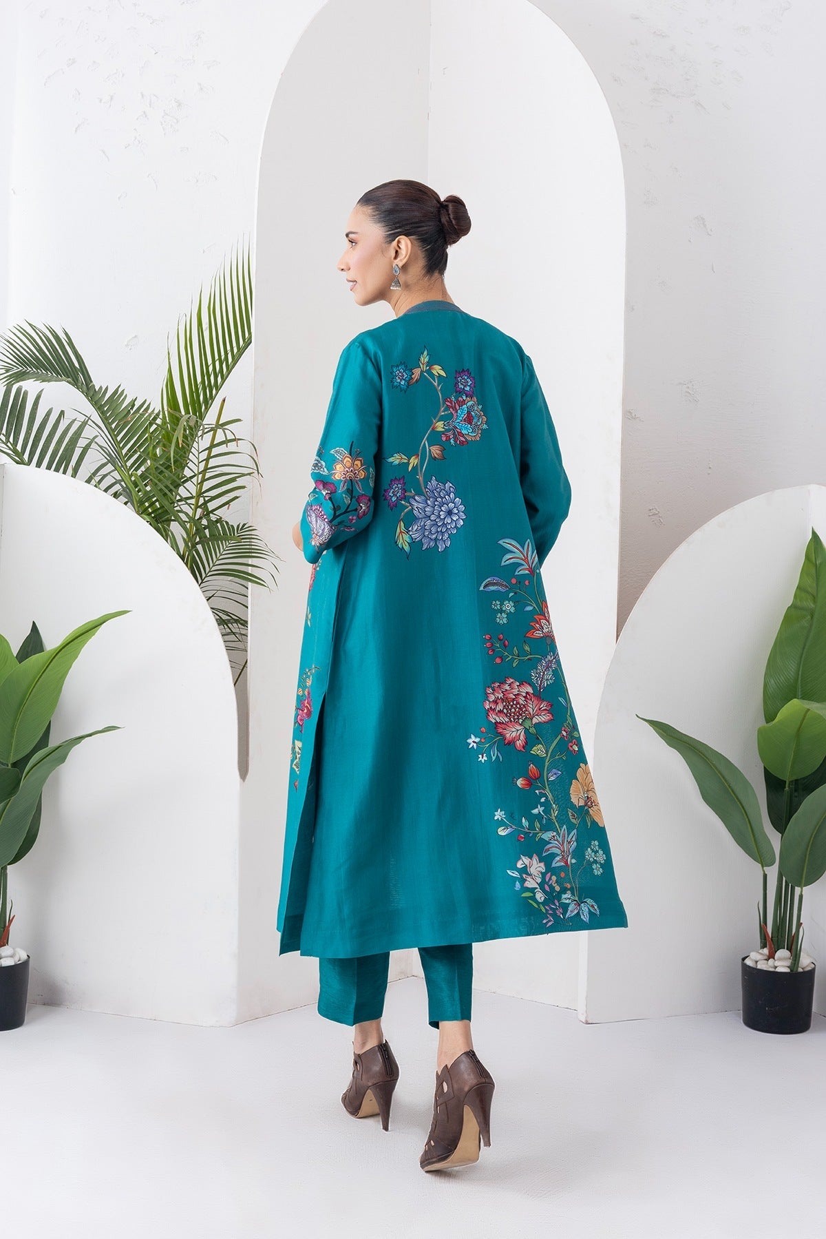Emerald Silk Chanderi Floral Printed Front-Zip Dress Set (3 PCS)
